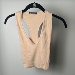 Cream Tan Zara Ribbed Racerback Crop V Neck Tank Medium
